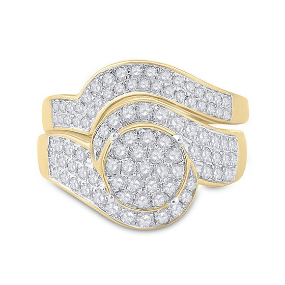 14k Yellow Gold Round Diamond Cluster Bridal Wedding Ring Band Set 1 Cttw
