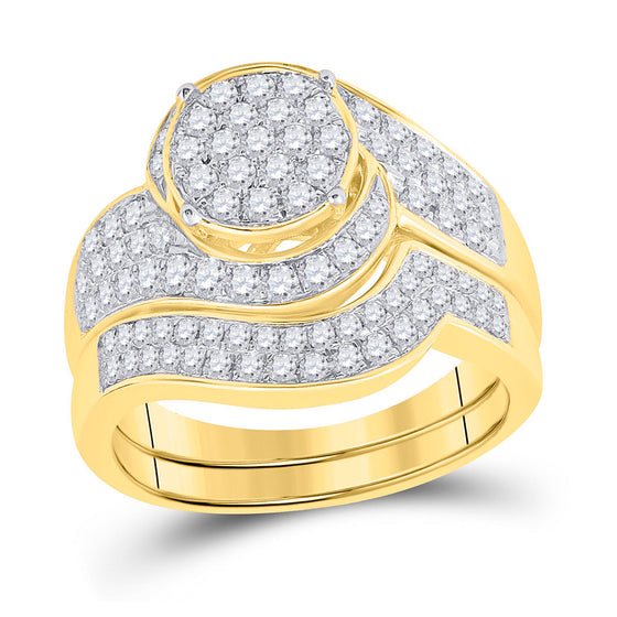 14k Yellow Gold Round Diamond Cluster Bridal Wedding Ring Band Set 1 Cttw