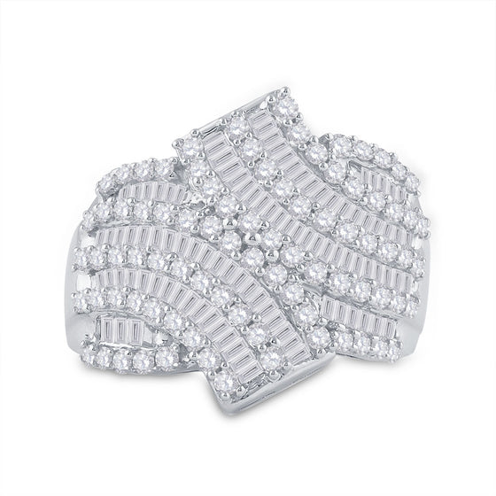 14k White Gold Womens Round Baguette Diamond Bypass Fashion Ring 1-3/4 Cttw