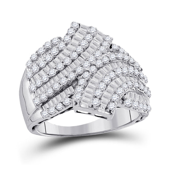 14k White Gold Womens Round Baguette Diamond Bypass Fashion Ring 1-3/4 Cttw