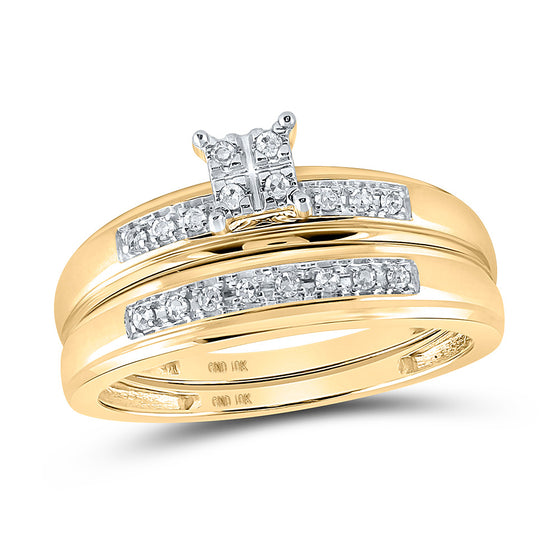 10k Yellow Gold His Hers Round Diamond Cluster Matching Wedding Set 1/5 Cttw