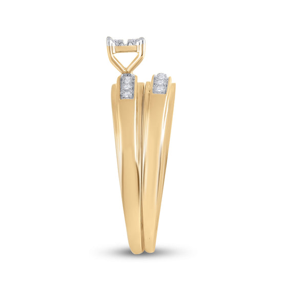 10k Yellow Gold His Hers Round Diamond Cluster Matching Wedding Set 1/5 Cttw