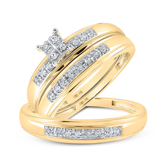 10k Yellow Gold His Hers Round Diamond Cluster Matching Wedding Set 1/5 Cttw
