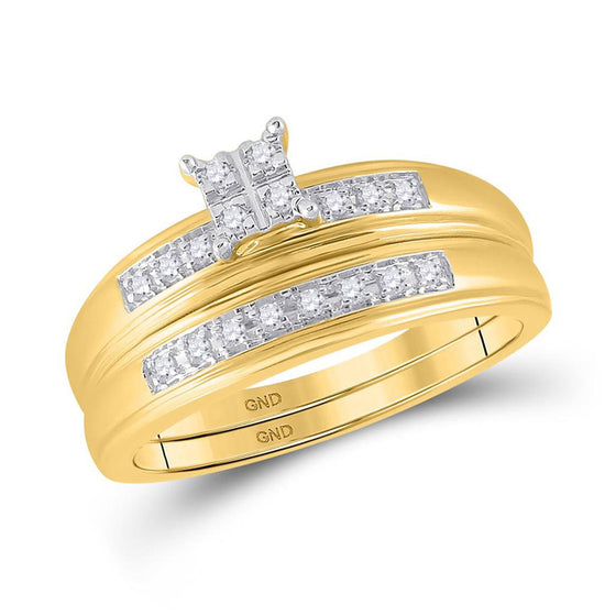 14k Yellow Gold His Hers Round Diamond Square Matching Wedding Set 1/5 Cttw