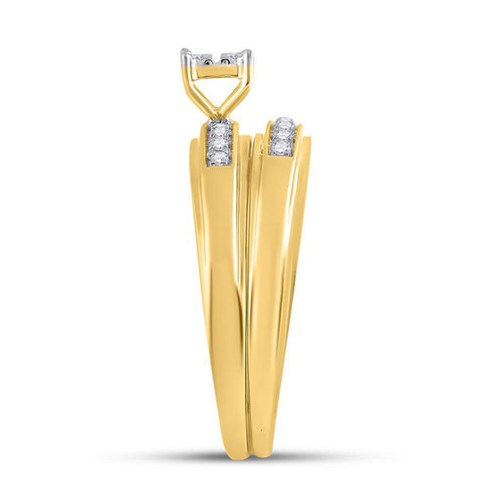 14k Yellow Gold His Hers Round Diamond Square Matching Wedding Set 1/5 Cttw