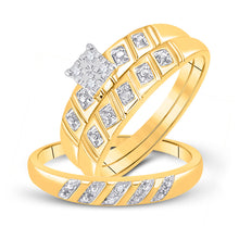  10k Yellow Gold His Hers Round Diamond Square Matching Wedding Set 1/12 Cttw