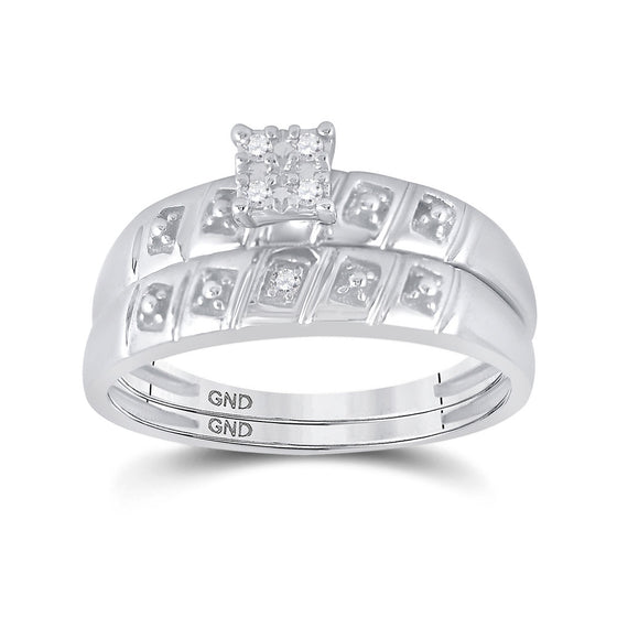 14k White Gold His Hers Round Diamond Cluster Matching Wedding Set 1/12 Cttw