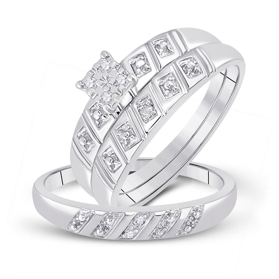 14k White Gold His Hers Round Diamond Cluster Matching Wedding Set 1/12 Cttw