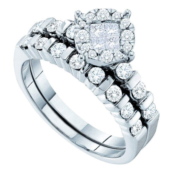 14k White Gold Princess Diamond Bridal Wedding Ring Band Set 7/8 Cttw