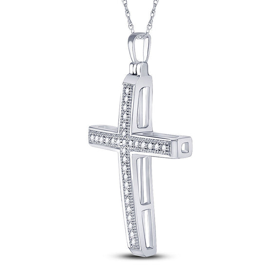 10k White Gold Womens Round Diamond Cross Pendant 1/12 Cttw