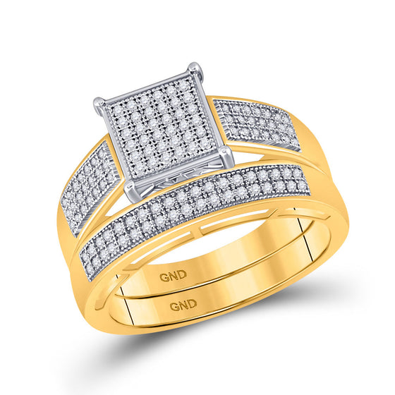 10k Yellow Gold His Hers Round Diamond Square Matching Wedding Set 5/8 Cttw
