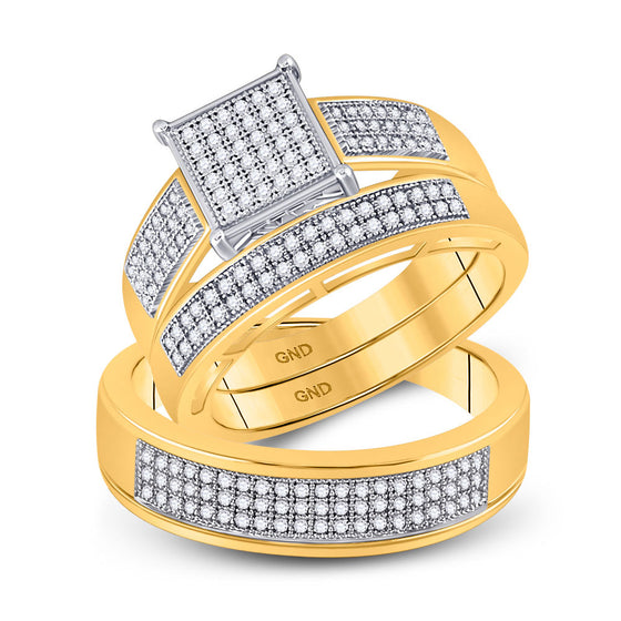 10k Yellow Gold His Hers Round Diamond Square Matching Wedding Set 5/8 Cttw