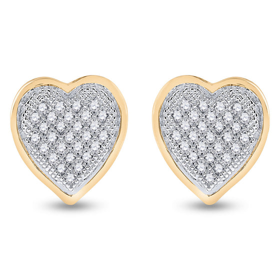 10k Yellow Gold Womens Round Diamond Heart Cluster Earrings 1/6 Cttw