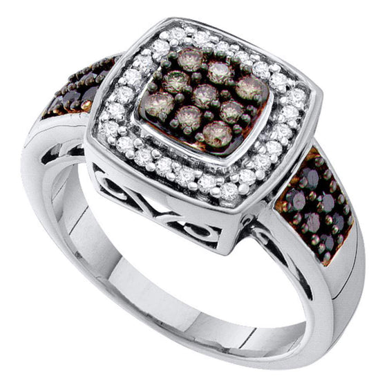 14k White Gold Womens Round Brown Diamond Square Cluster Ring 1/2 Cttw