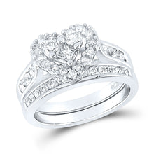  14k White Gold Princess Diamond Heart Bridal Wedding Ring Band Set 1 Cttw