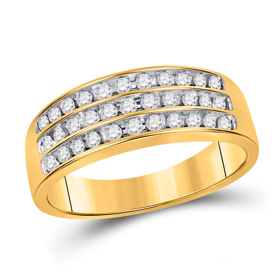 10k Yellow Gold Mens Round Diamond Wedding 3-Row Band Ring 1/2 Cttw