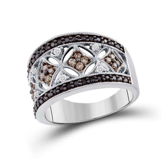 14k White Gold Womens Round Black Brown Diamond Band Ring 1/2 Cttw