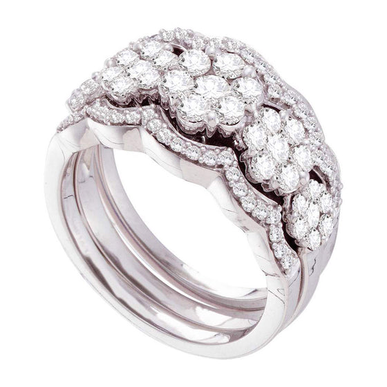 14k White Gold Round Diamond 3-Piece Bridal Wedding Ring Band Set 1-1/2 Cttw