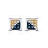 10k White Gold Round Blue Yellow Color Enhanced Diamond Square Kite Earrings 1/20 Cttw