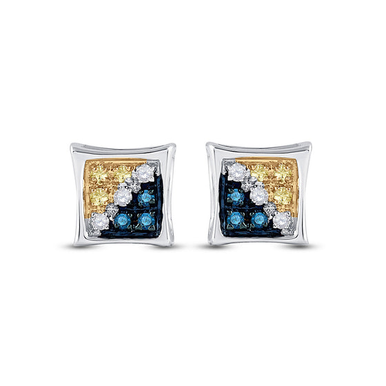 10k White Gold Round Blue Yellow Color Enhanced Diamond Square Kite Earrings 1/20 Cttw