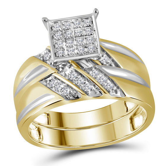 10k Yellow Gold His Hers Round Diamond Square Matching Wedding Set 1/3 Cttw