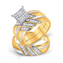  10k Yellow Gold His Hers Round Diamond Square Matching Wedding Set 1/3 Cttw
