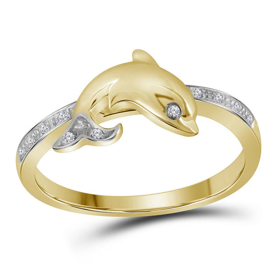 10k Yellow Gold Womens Round Diamond Slender Dolphin Animal Fish Ring 1/20 Cttw