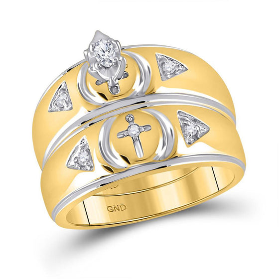 10k Yellow Gold His Hers Marquise Diamond Cross Matching Wedding Set 1/6 Cttw