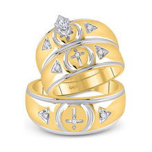  10k Yellow Gold His Hers Marquise Diamond Cross Matching Wedding Set 1/6 Cttw
