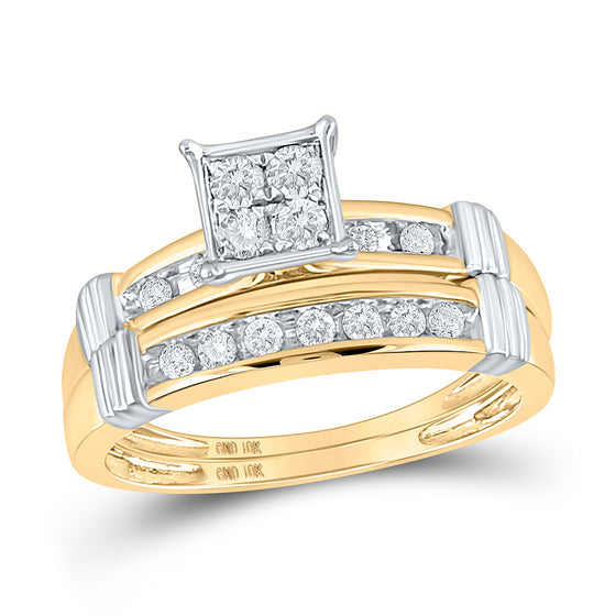10k Yellow Gold His Hers Round Diamond Square Matching Wedding Set 5/8 Cttw