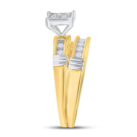 10k Yellow Gold His Hers Round Diamond Square Matching Wedding Set 5/8 Cttw
