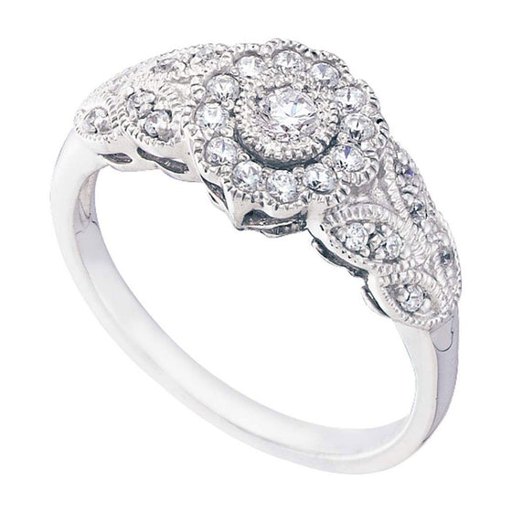 10k White Gold Womens Round Diamond Solitaire Floral Cluster Milgrain Ring 1/3 Cttw