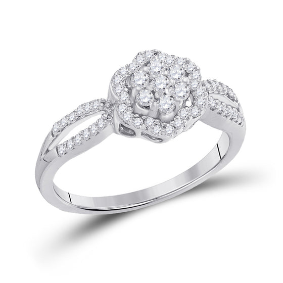 10k White Gold Womens Round Diamond Flower Cluster Ring 1/3 Cttw