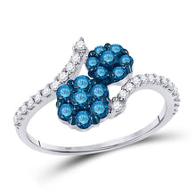  10k White Gold Womens Round Blue Color Enhanced Diamond Double Flower Cluster Ring 3/4 Cttw