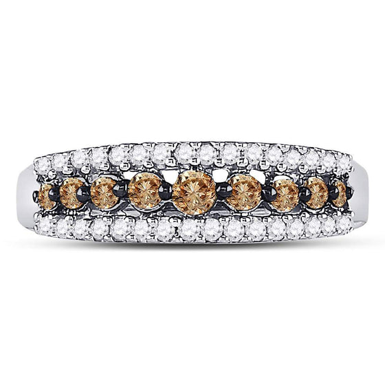 10k White Gold Womens Round Brown Diamond Triple Row Band Ring 1/2 Cttw