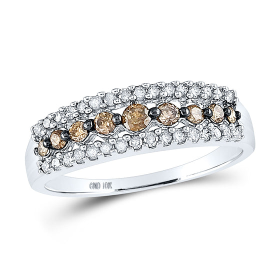 10k White Gold Womens Round Brown Diamond Triple Row Band Ring 1/2 Cttw