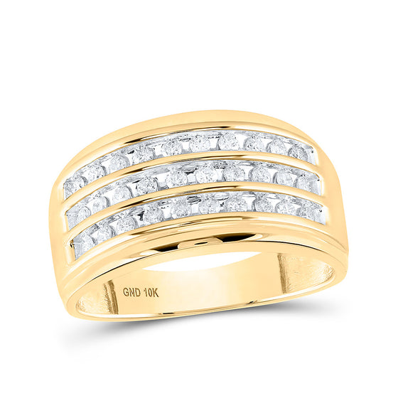 10k Yellow Gold Mens Round Diamond Triple Row Band Ring 1/2 Cttw