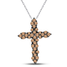  10k White Gold Womens Round Brown Diamond Cross Pendant 1/2 Cttw