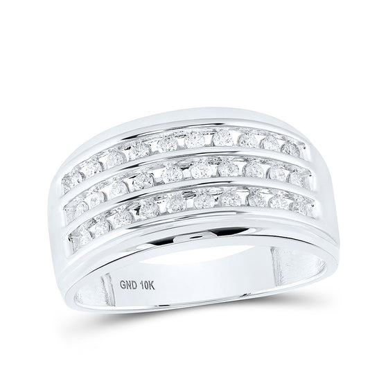10k White Gold Mens Round Diamond 3-Row Band Ring 1/2 Cttw