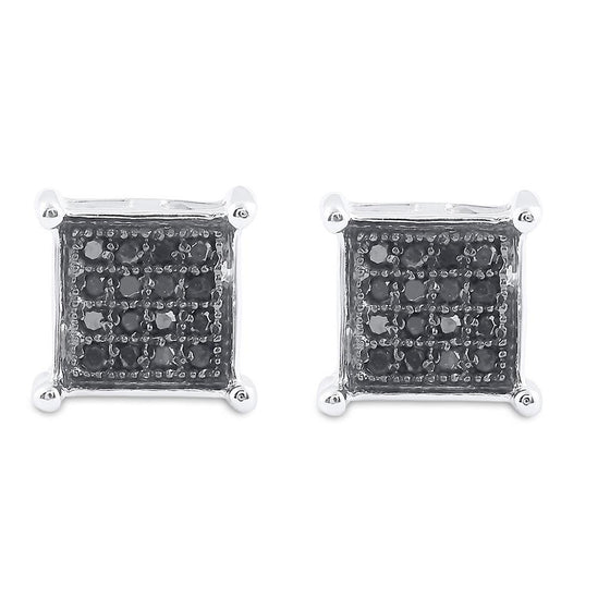 Sterling Silver Round Black Color Enhanced Diamond Square Earrings 1/10 Cttw