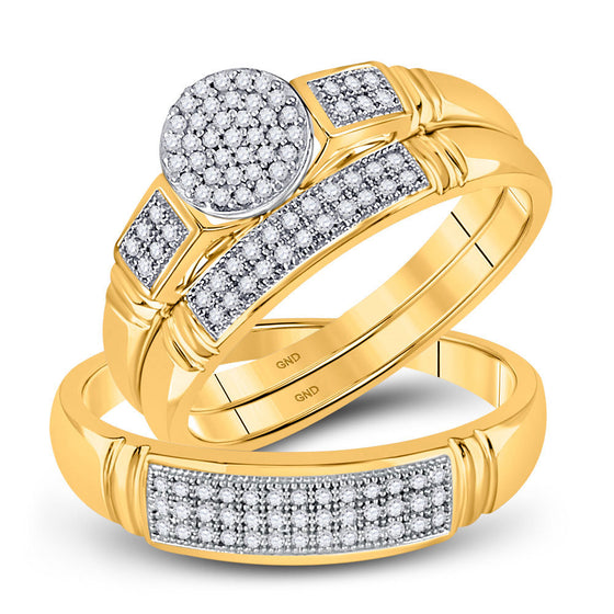 10k Yellow Gold His Hers Round Diamond Cluster Matching Wedding Set 1/3 Cttw