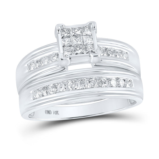 14k White Gold His Hers Princess Diamond Cluster Matching Wedding Set 1 Cttw