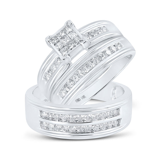 14k White Gold His Hers Princess Diamond Cluster Matching Wedding Set 1 Cttw