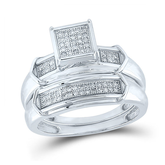 Sterling Silver Round Diamond Square Bridal Wedding Ring Band Set 1/5 Cttw