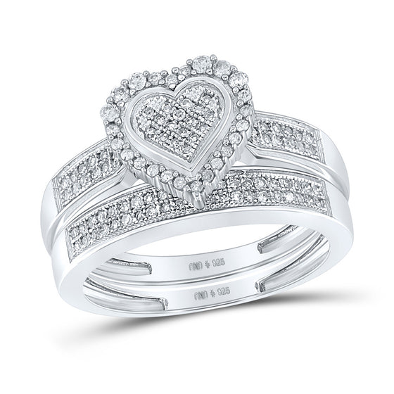 Sterling Silver Round Diamond Heart Bridal Wedding Ring Band Set 3/8 Cttw