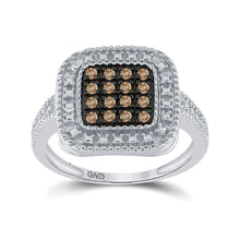  Sterling Silver Womens Round Brown Diamond Square Cluster Ring 1/5 Cttw