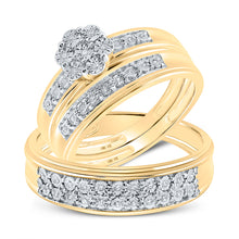  10k Yellow Gold His Hers Round Diamond Cluster Matching Wedding Set 1/10 Cttw