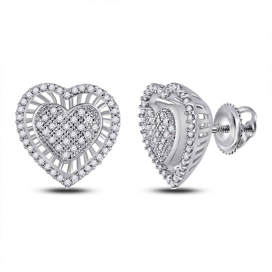 10k White Gold Womens Round Diamond Heart Cluster Earrings 1/3 Cttw