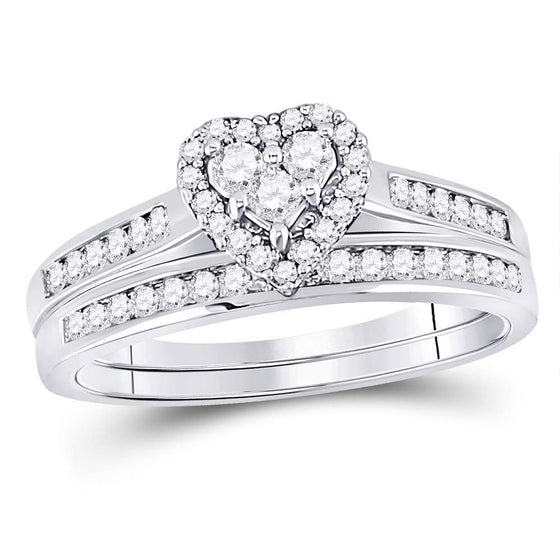 14k White Gold Diamond Heart Bridal Wedding Ring Band Set 1/2 Cttw