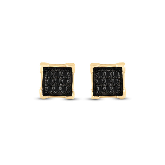 Yellow-tone Sterling Silver Round Black Color Enhanced Diamond Square Earrings 1/20 Cttw